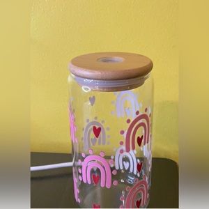 Pink Rainbows & Red Hearts 16oz Glass Libby Cup w/ Glass Straw